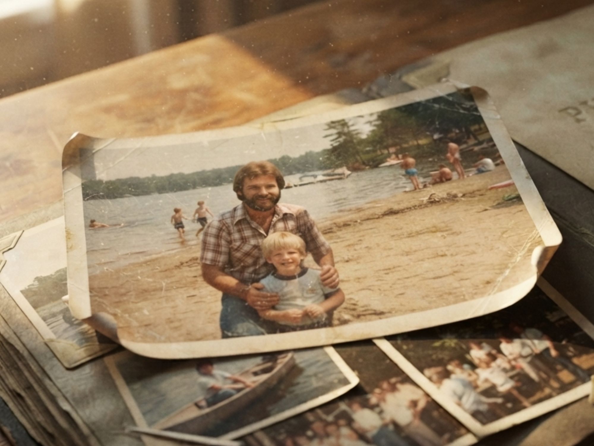 An old faded family photograph tucked into a photo album